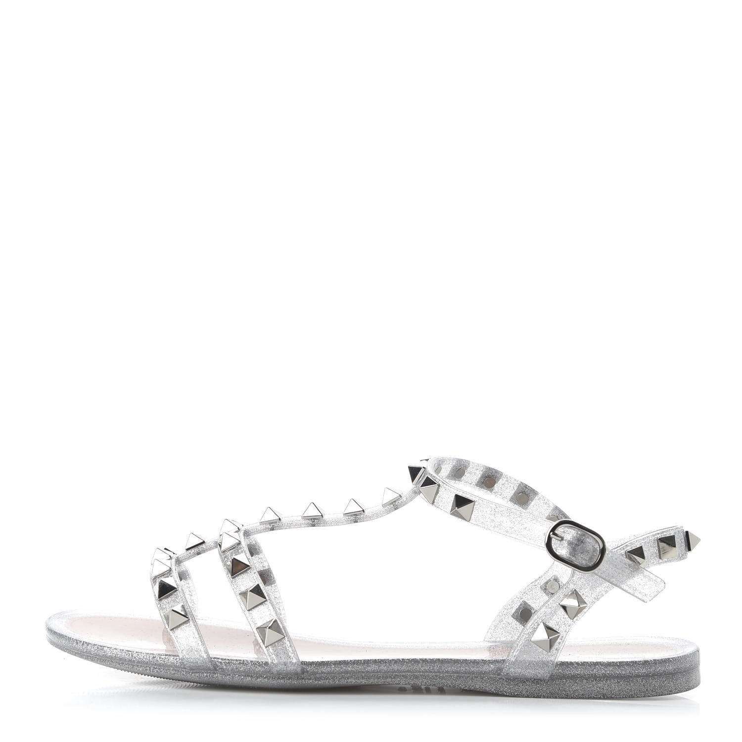 Valentino Garavani PVC Jelly Glitter Rockstud T-Strap Slingback Flat Sandals 35 Silver 1 of 8