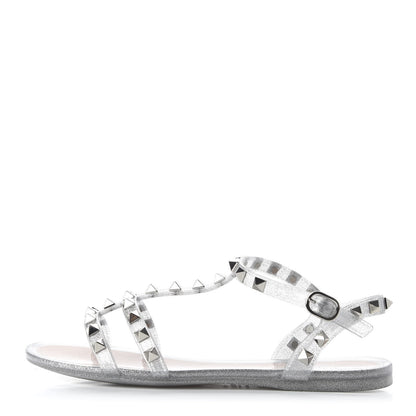 Valentino Garavani PVC Jelly Glitter Rockstud T-Strap Slingback Flat Sandals 35 Silver 1 of 8