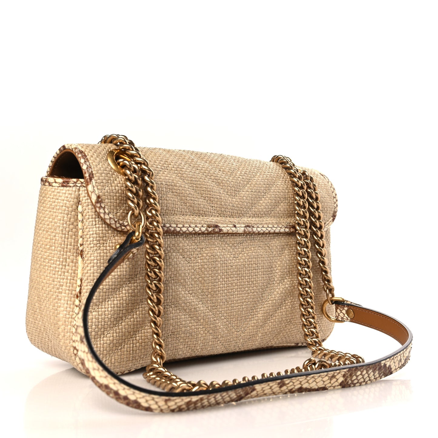 Raffia Elaphe Matelasse Small GG Marmont Shoulder Bag Natural Cream Brown