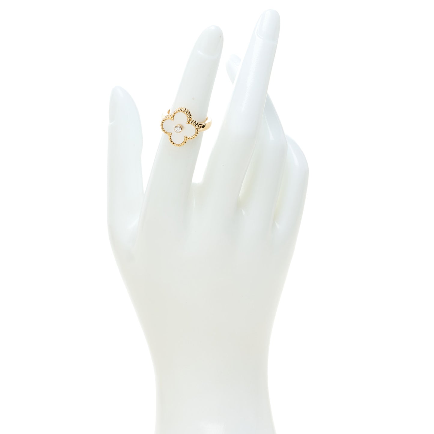 18K Yellow Gold Diamond Mother of Pearl Vintage Alhambra Ring 48 4.5