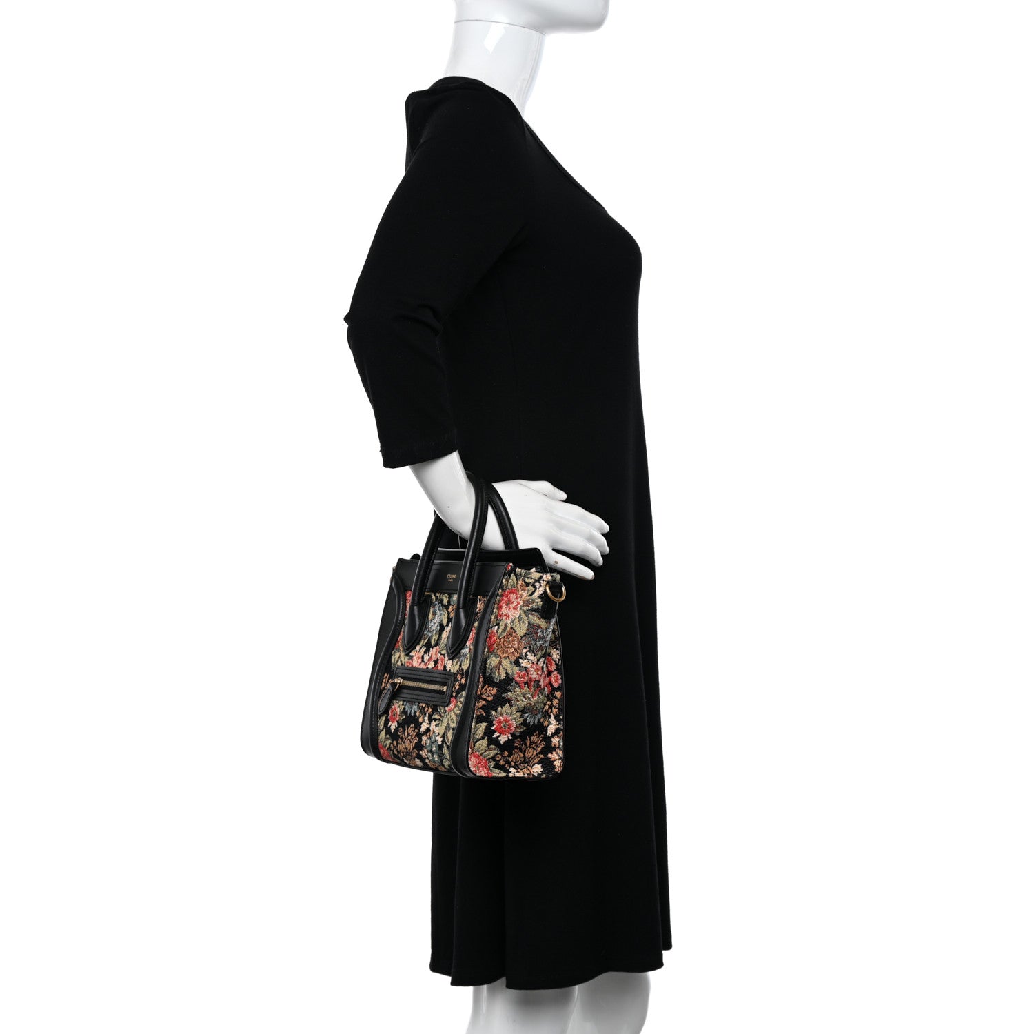 Celine Calfskin Lambskin Canvas Jacquard Floral Nano Luggage Black 2 of 13