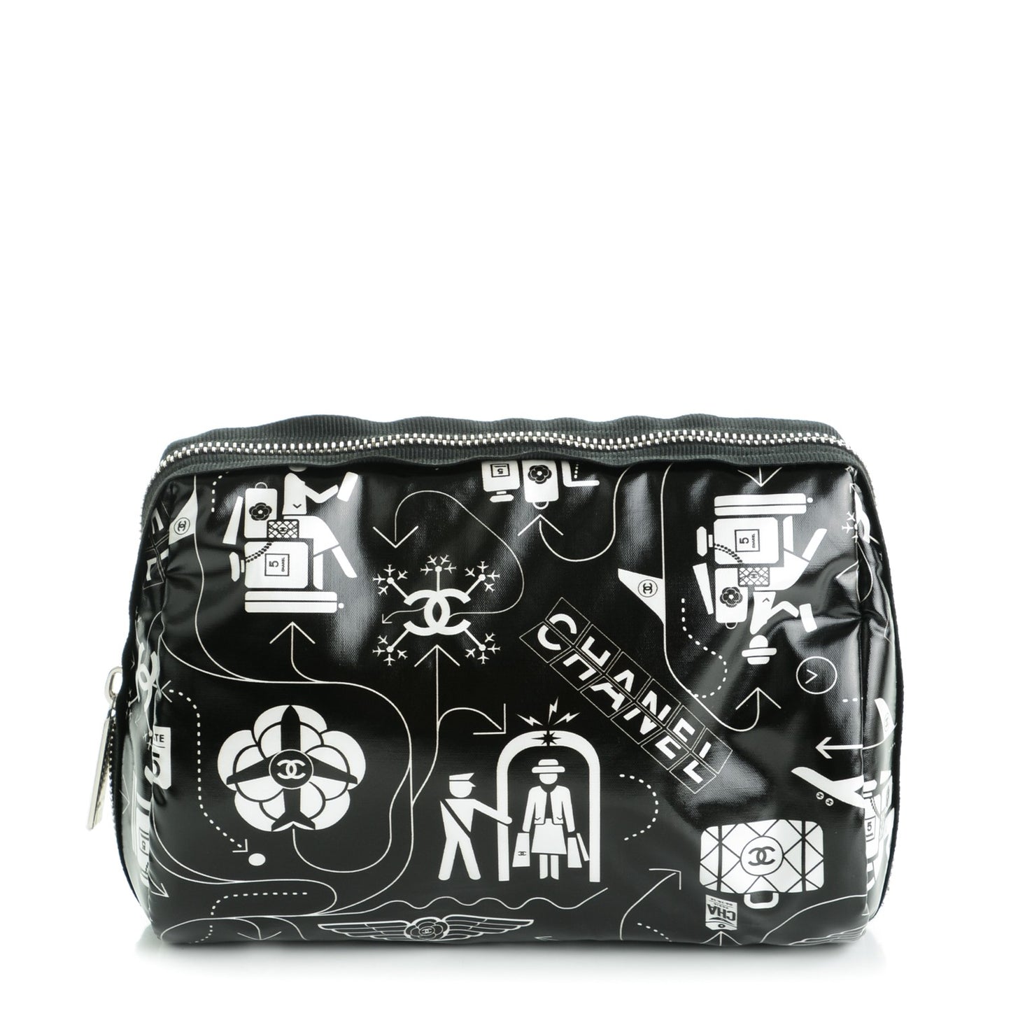 Coated Canvas Airline Cosmetic Pouch Black White