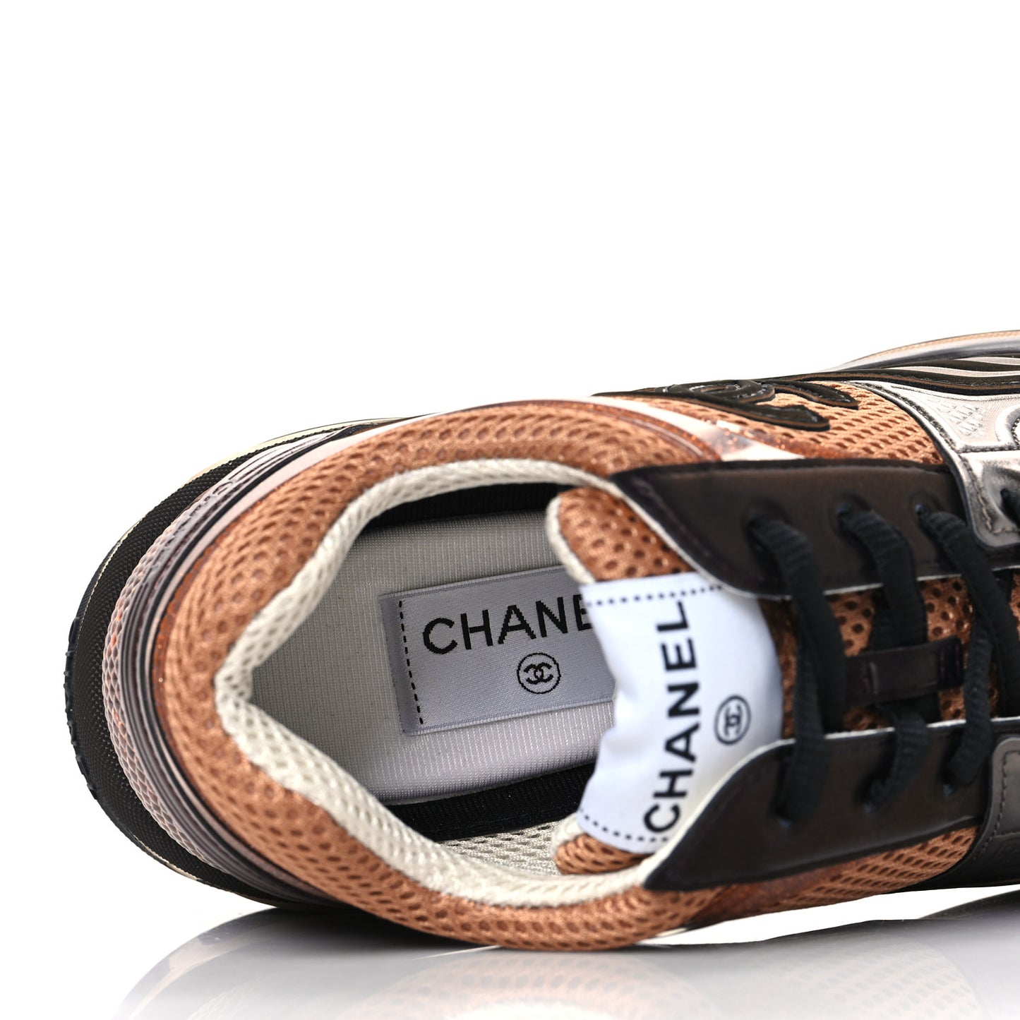 Fabric Laminated Calfskin Stretch CC Womens Sneakers 39 Brown Dark Grey