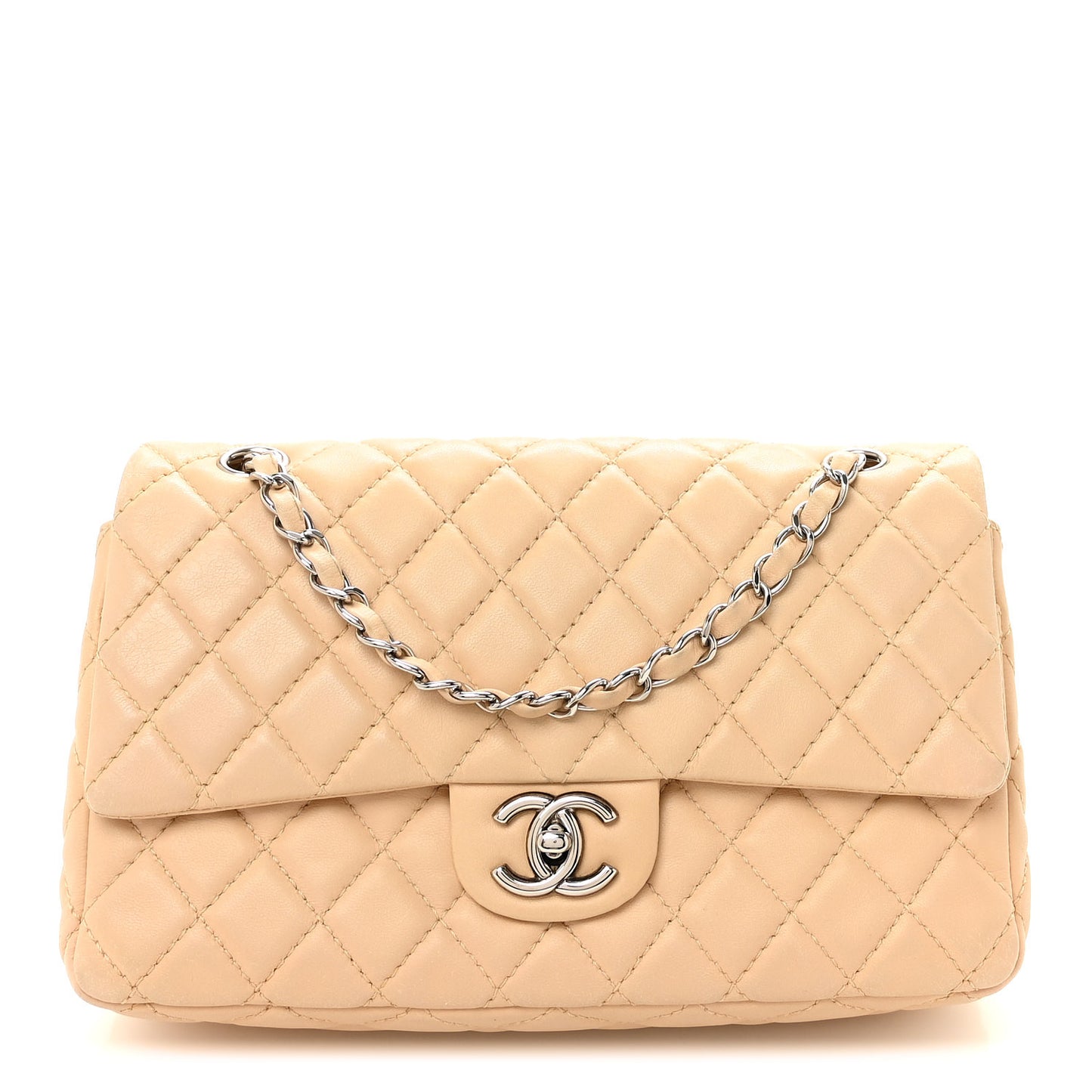 Lambskin Quilted Medium Double Flap Beige