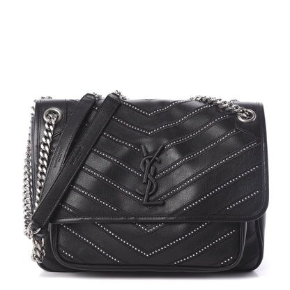 Saint Laurent Lambskin Matelasse Monogram Microstud Medium Niki Chain Satchel Black 1 of 9
