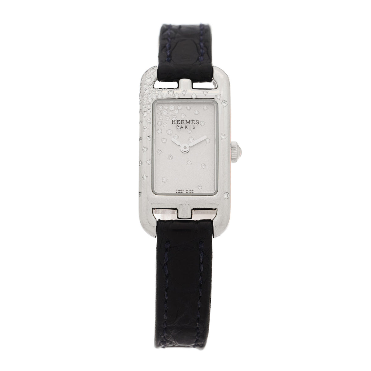 Hermes Stainless Steel Alligator Diamond 17mm Nantucket Jete De Diamants Quartz Watch Bleu Abysse 1 of 5
