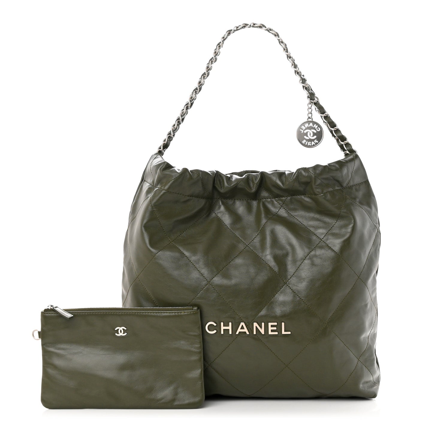 Shiny Calfskin Quilted Chanel 22 Khaki