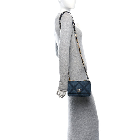 Denim Quilted Chanel 19 Wallet On Chain WOC Blue