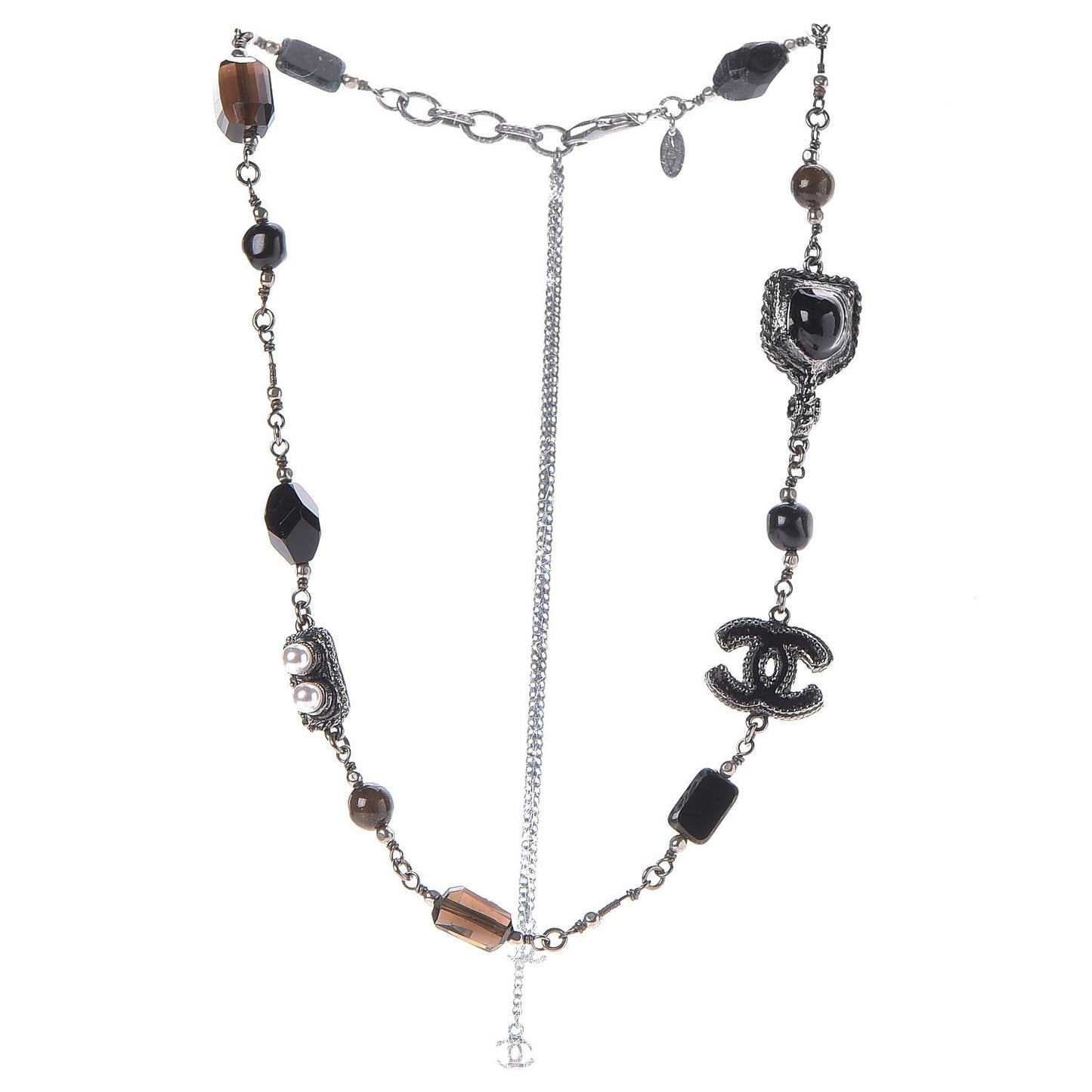 Pearl Enamel Bead CC Necklace Ruthenium Black Silver