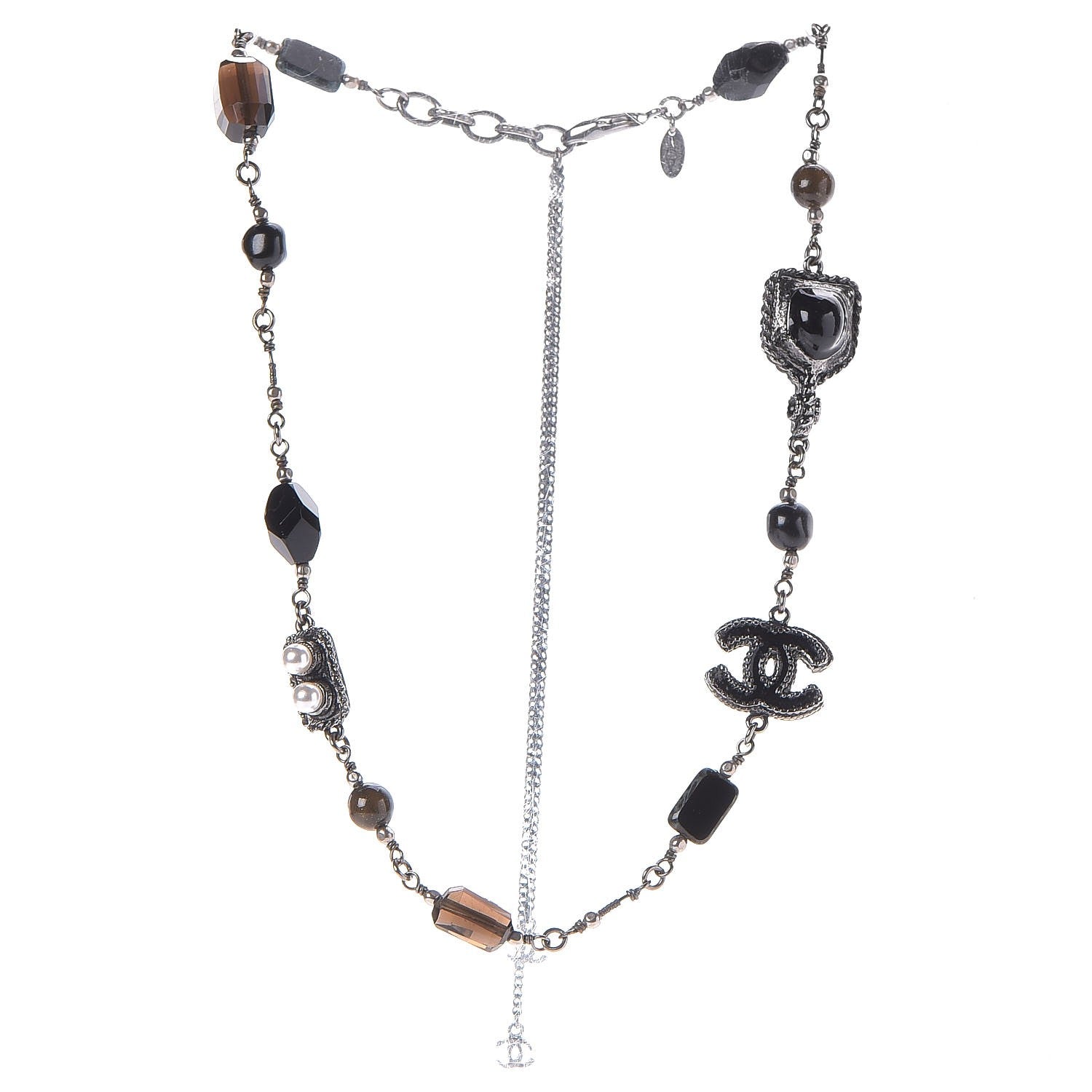 Chanel Pearl Enamel Bead CC Necklace Ruthenium Black Silver 4 of 8