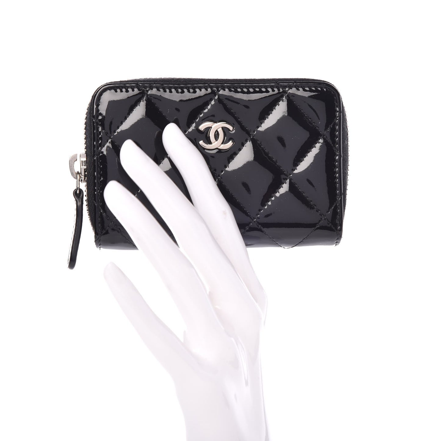 Patent Calfskin Quilted Zip Coin Purse Black