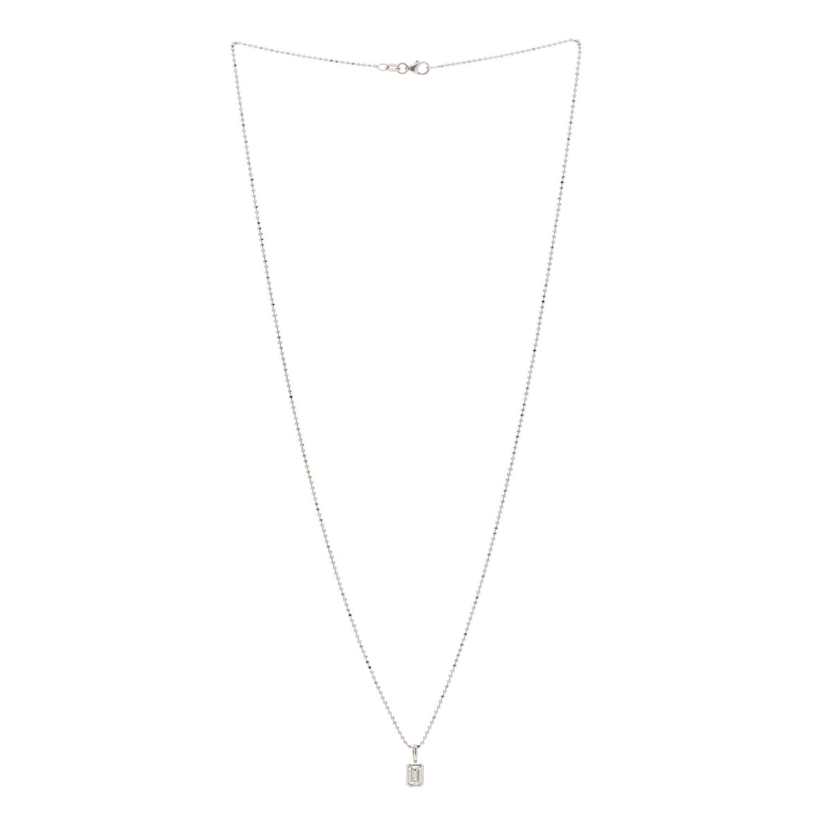 18K White Gold Diamond Emerald Cut Bezeled Pendant Necklace