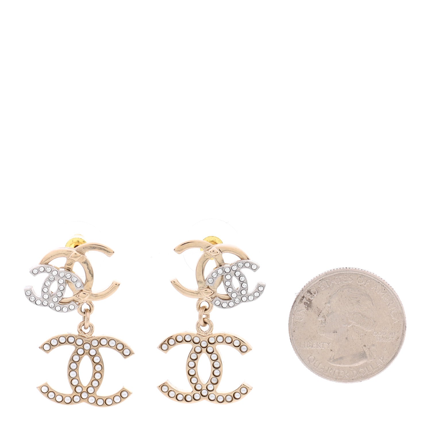 Chanel Crystal Pearl Double CC Drop Earrings Gold Silver 2 of 5