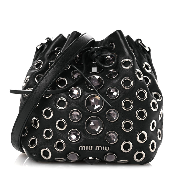 ステラ　ニーナミュウBAG Miu Miu Nappa Jeweled Grommet Starlight Bucket Bag Black 1778765