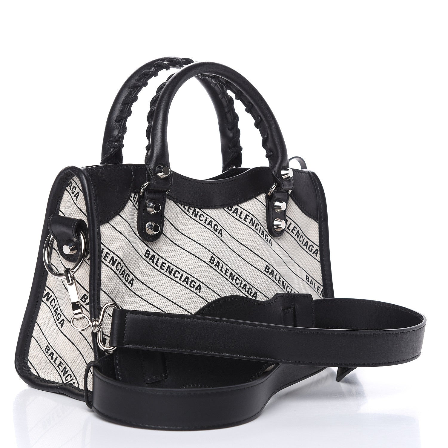 Balenciaga Canvas Satin Calfskin Diagonal Allover Logo Print Classic Silver Hardware Mini City Natural Black 3 of 8