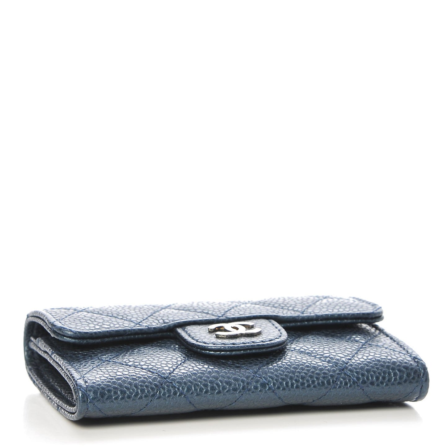 Iridescent Caviar Quilted Flap Card Holder Dark Blue