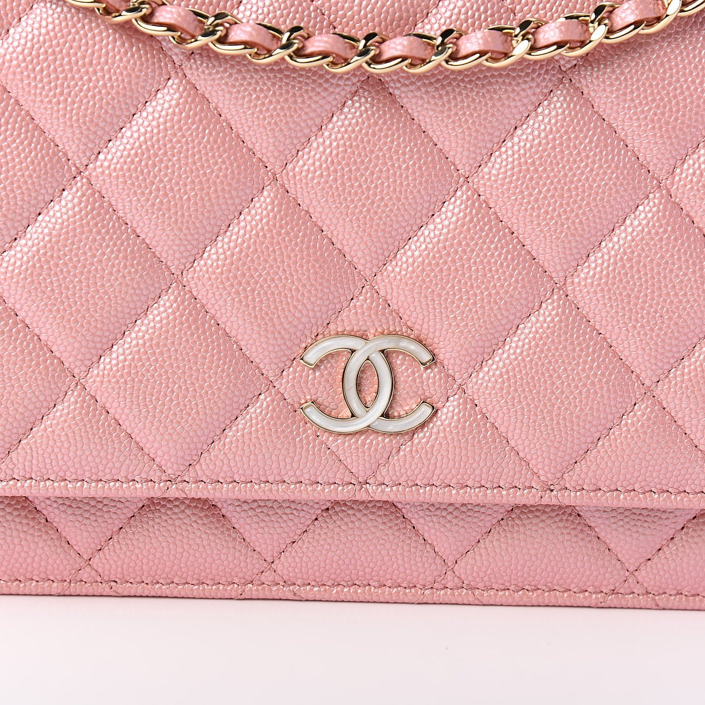 Iridescent Caviar Quilted Wallet on Chain WOC Rose Pink