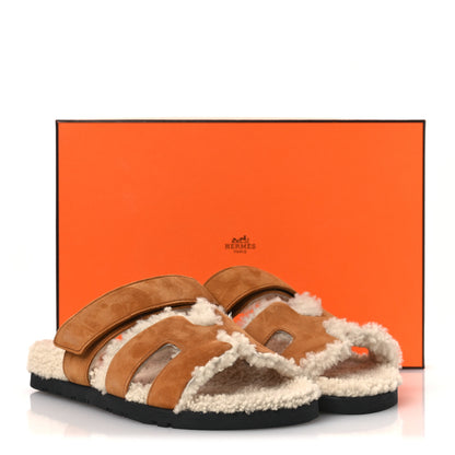Hermes Suede Goatskin Woolskin Womens Chypre Sandals 37 Brun Fume Ecru 11 of 11