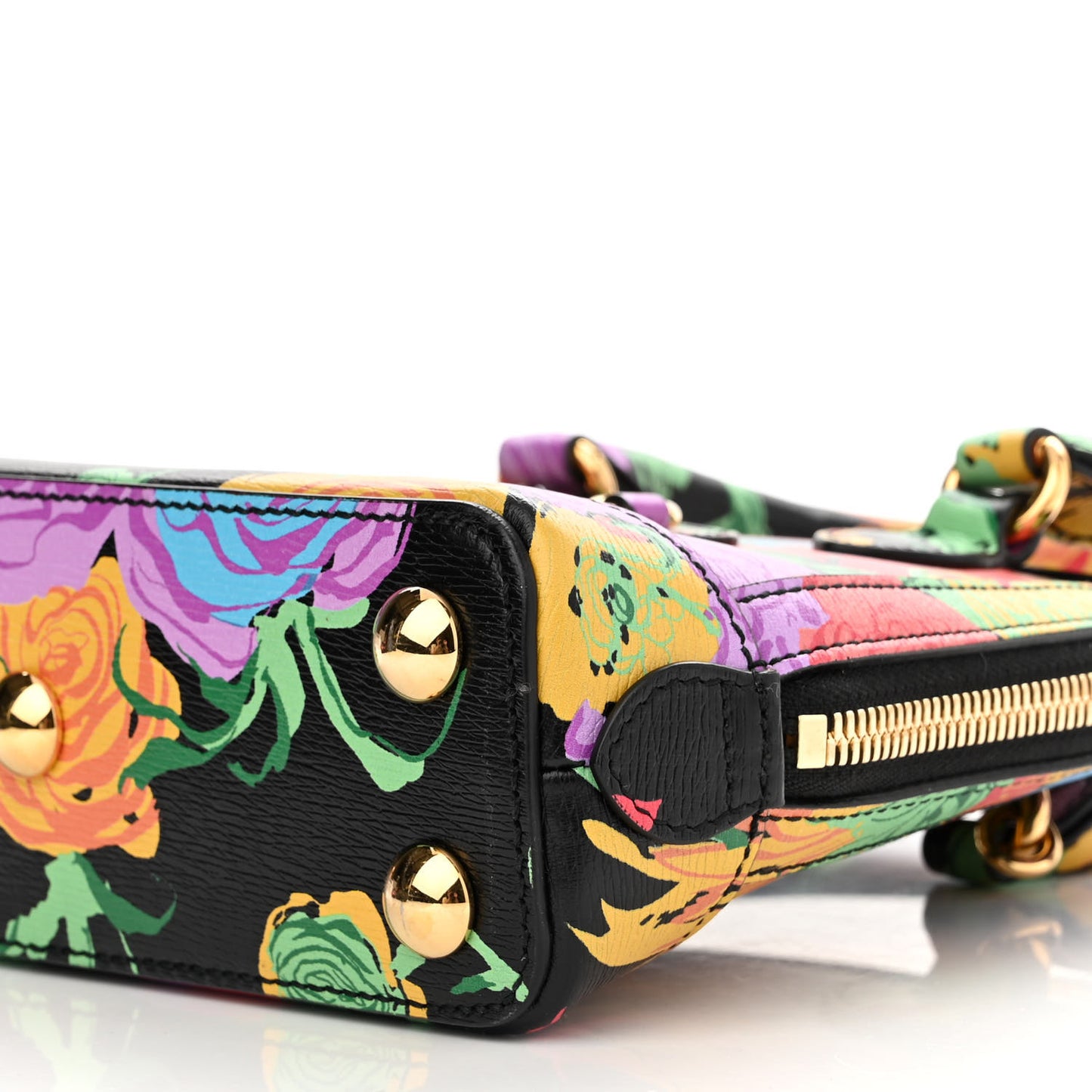 X KEN SCOTT New Shangai Calfskin Jenny Floral Print Mini Horsebit 1955 Top Handle Bag Black Pink