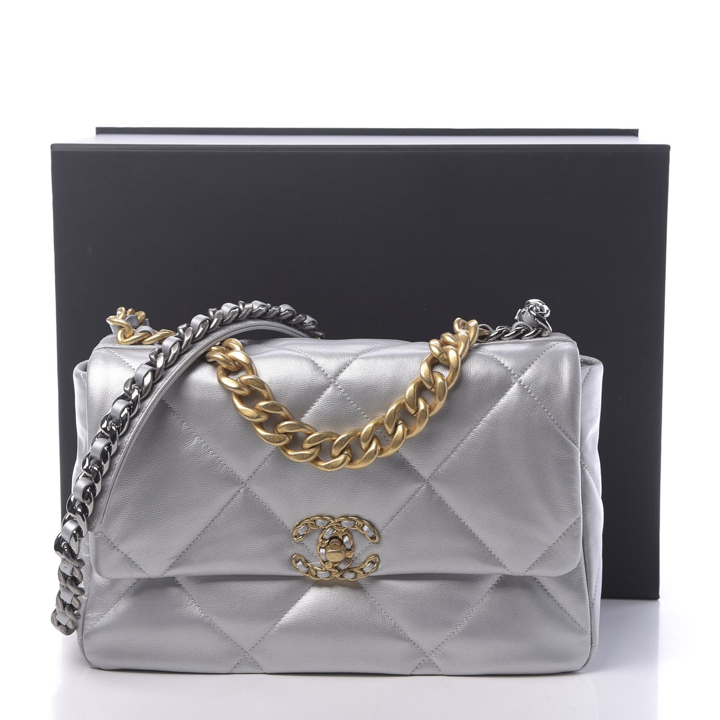 Metallic Goatskin Quilted Large 19 Flap Silver