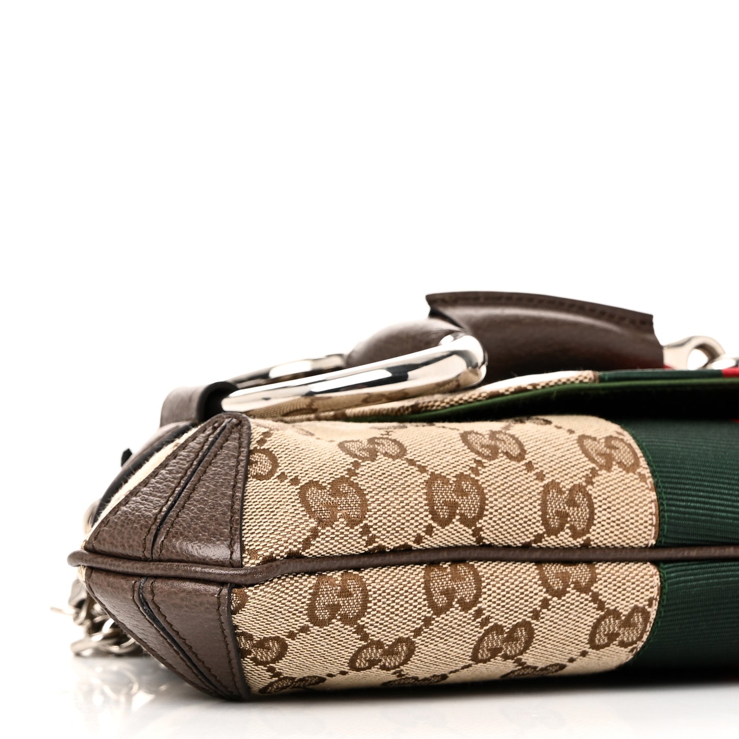 Monogram Textured Dollar Calfskin Heavy Grosgrain Web Medium Maxi Horsebit Chain Shoulder Bag Beige Ebony New Acero