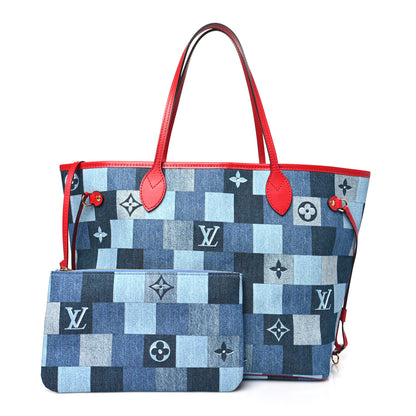 Louis Vuitton Denim Damier Monogram Patchwork Neverfull Blue Rouge 2 of 10