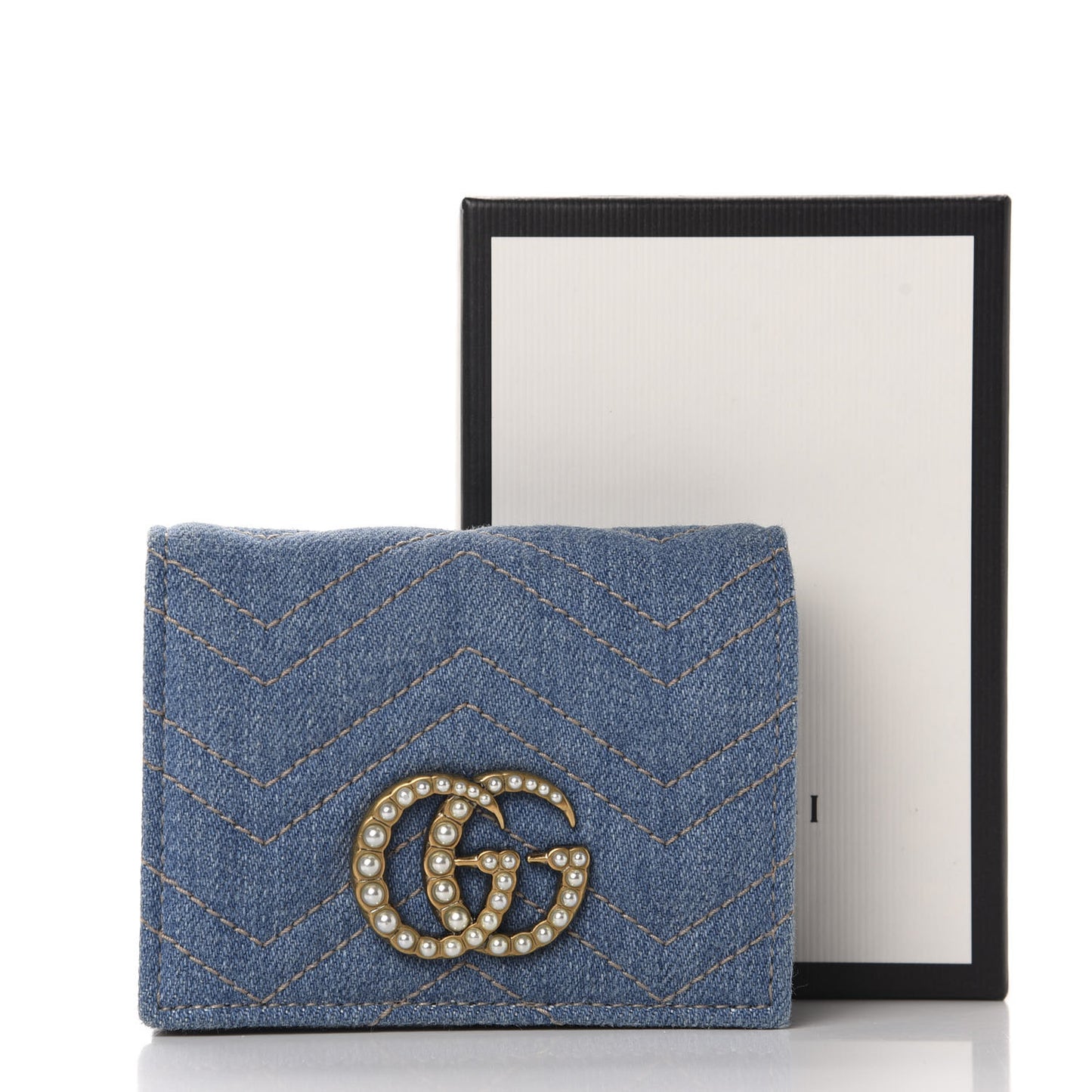 Denim Matelasse Pearly GG Marmont Card Case Wallet Blue