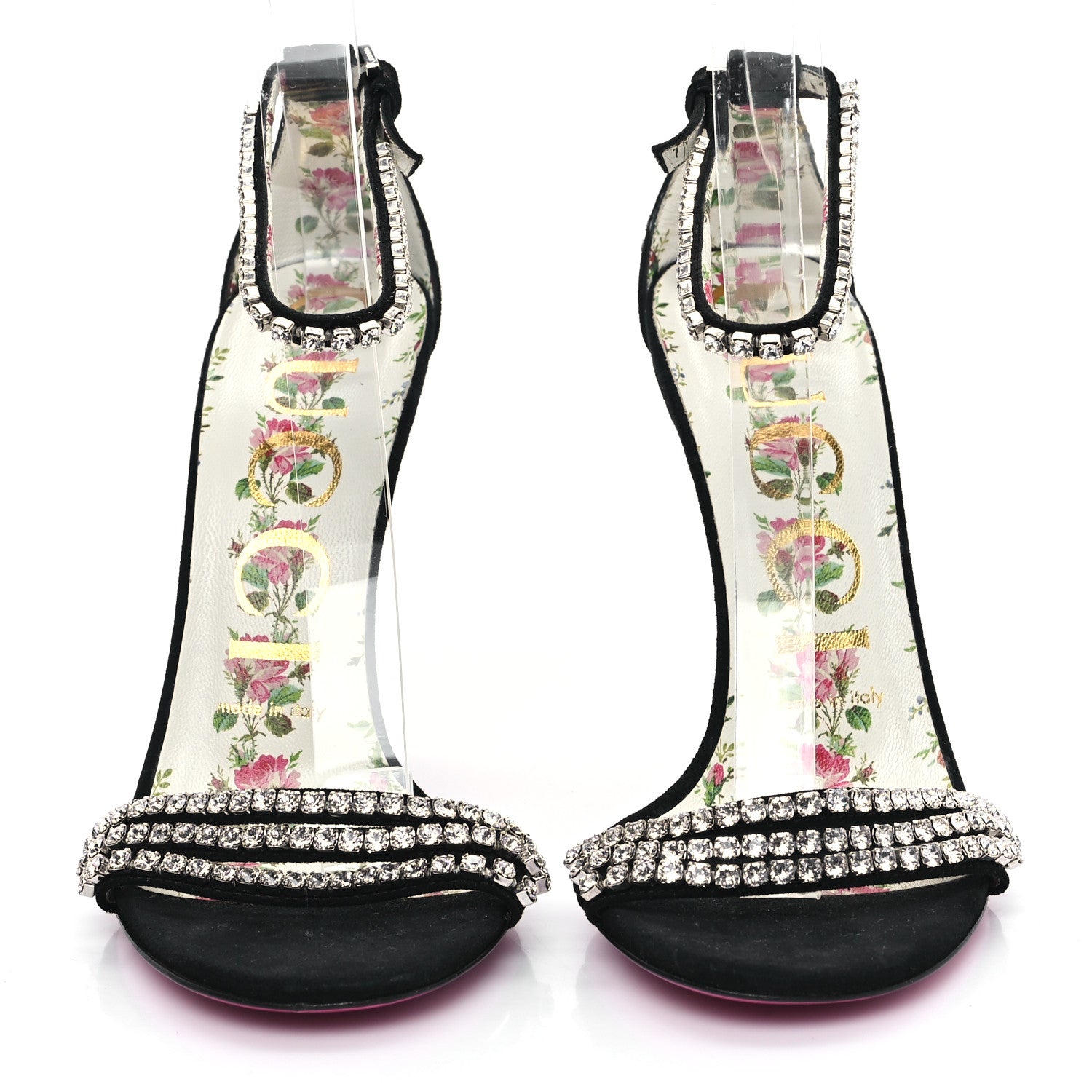 Gucci Kid Scamosciato Crystal Ankle Strap High Heel Sandals 36.5 Black 2 of 7