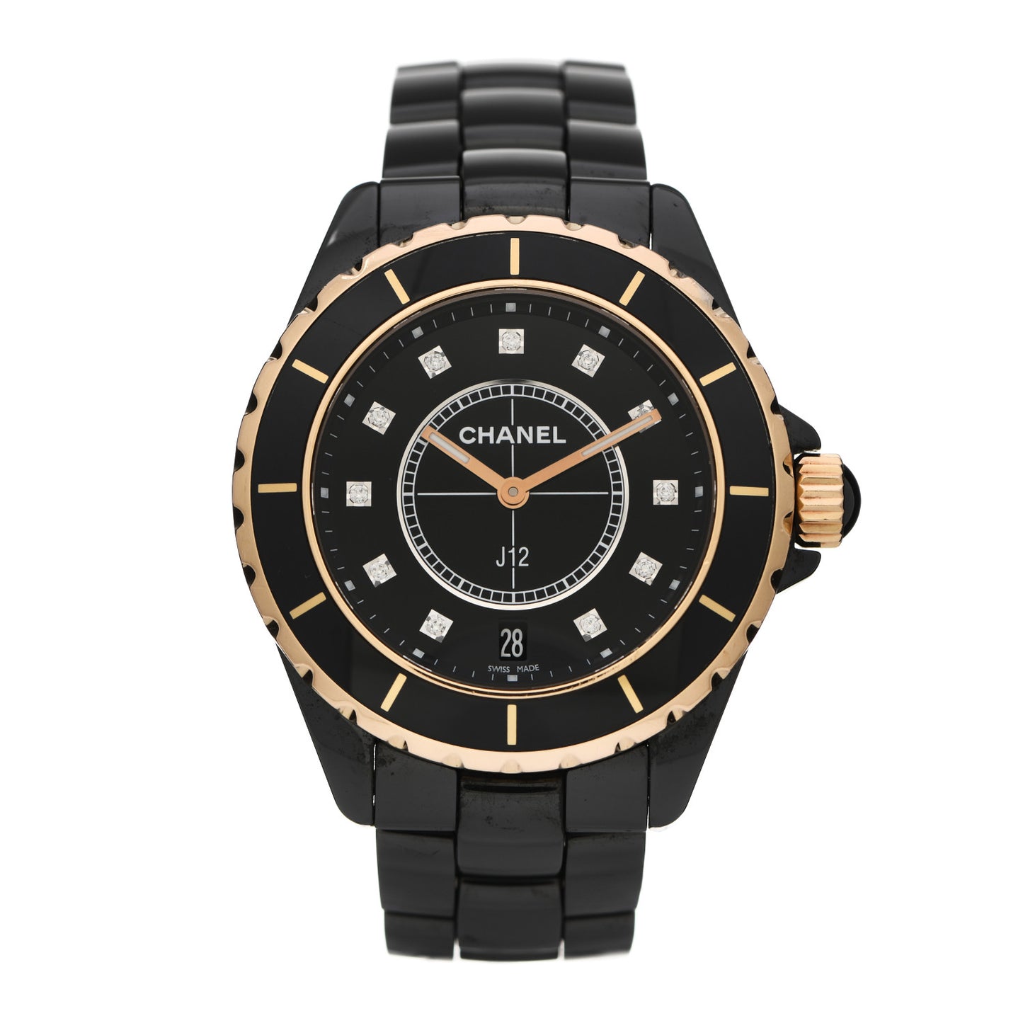 Stainless Steel 18K Yellow Gold Ceramic Diamond 38mm J12 Quartz Watch Black