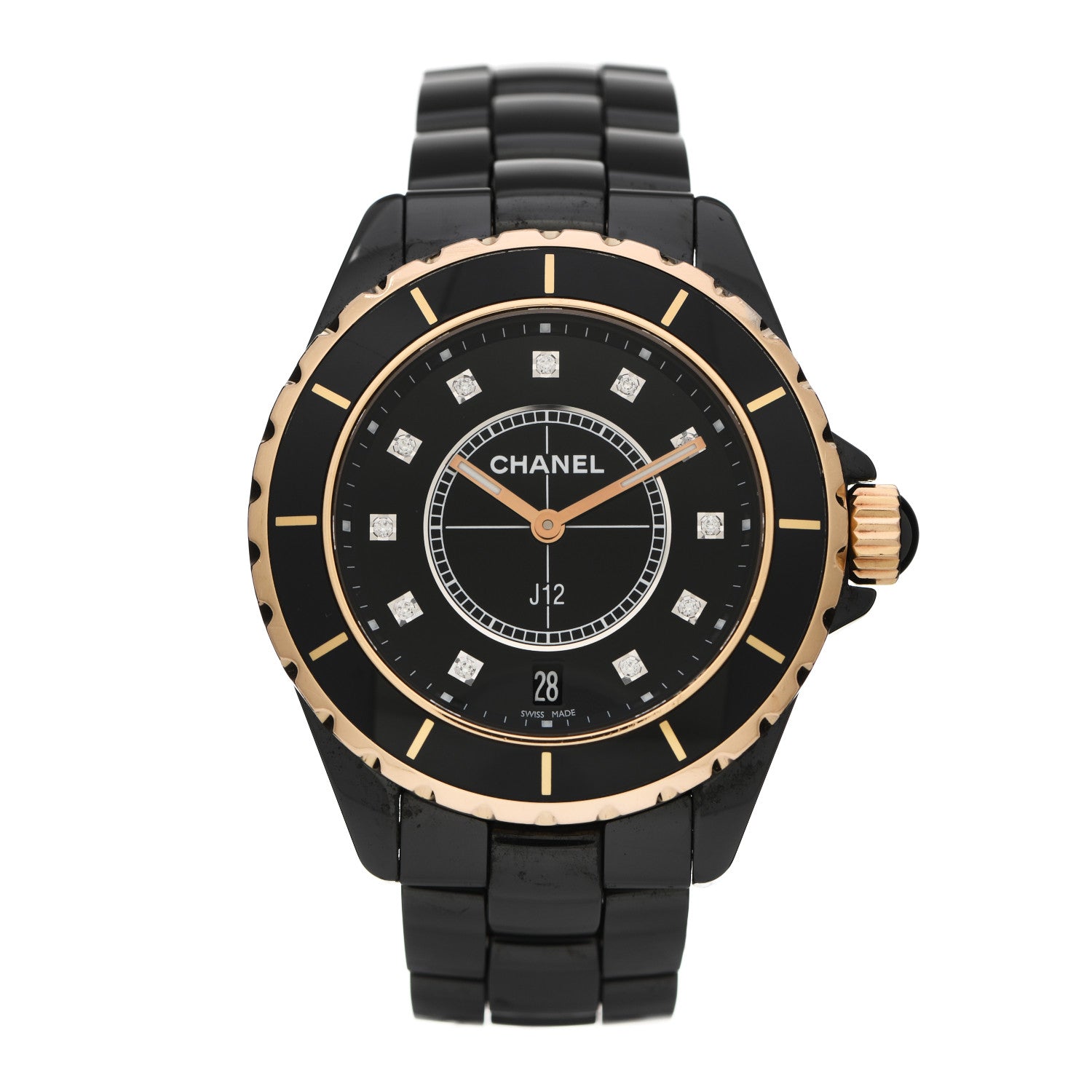 Chanel Stainless Steel 18K Yellow Gold Ceramic Diamond 38mm J12 Quartz Watch Black 1 of 6