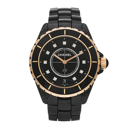 Chanel Stainless Steel 18K Yellow Gold Ceramic Diamond 38mm J12 Quartz Watch Black 1 of 6