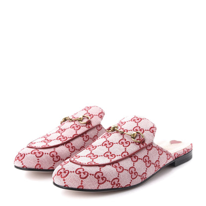 Gucci Canvas GG Monogram Horsebit Womens Princetown Slippers 40 Gardenia Hibiscus Red 3 of 10
