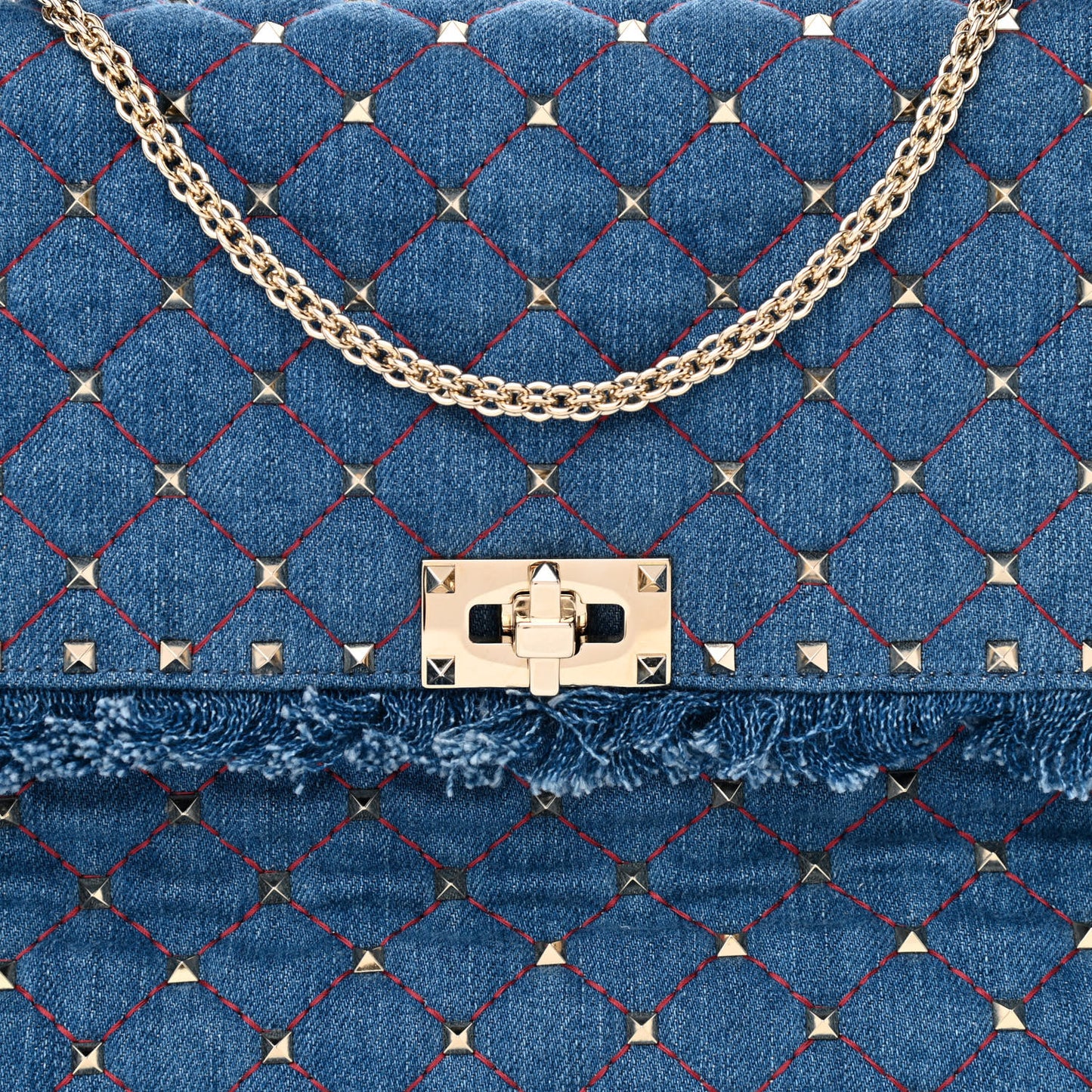 Denim Fringe Maxi Rockstud Spike Shoulder Bag Blue