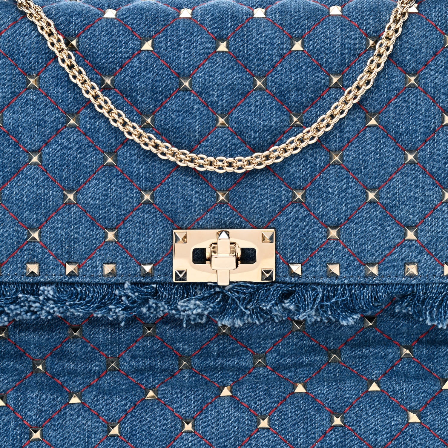Valentino Garavani Denim Fringe Maxi Rockstud Spike Shoulder Bag Blue 8 of 10