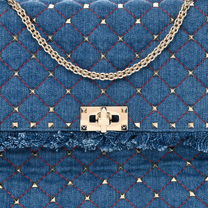 Valentino Garavani Denim Fringe Maxi Rockstud Spike Shoulder Bag Blue 8 of 10