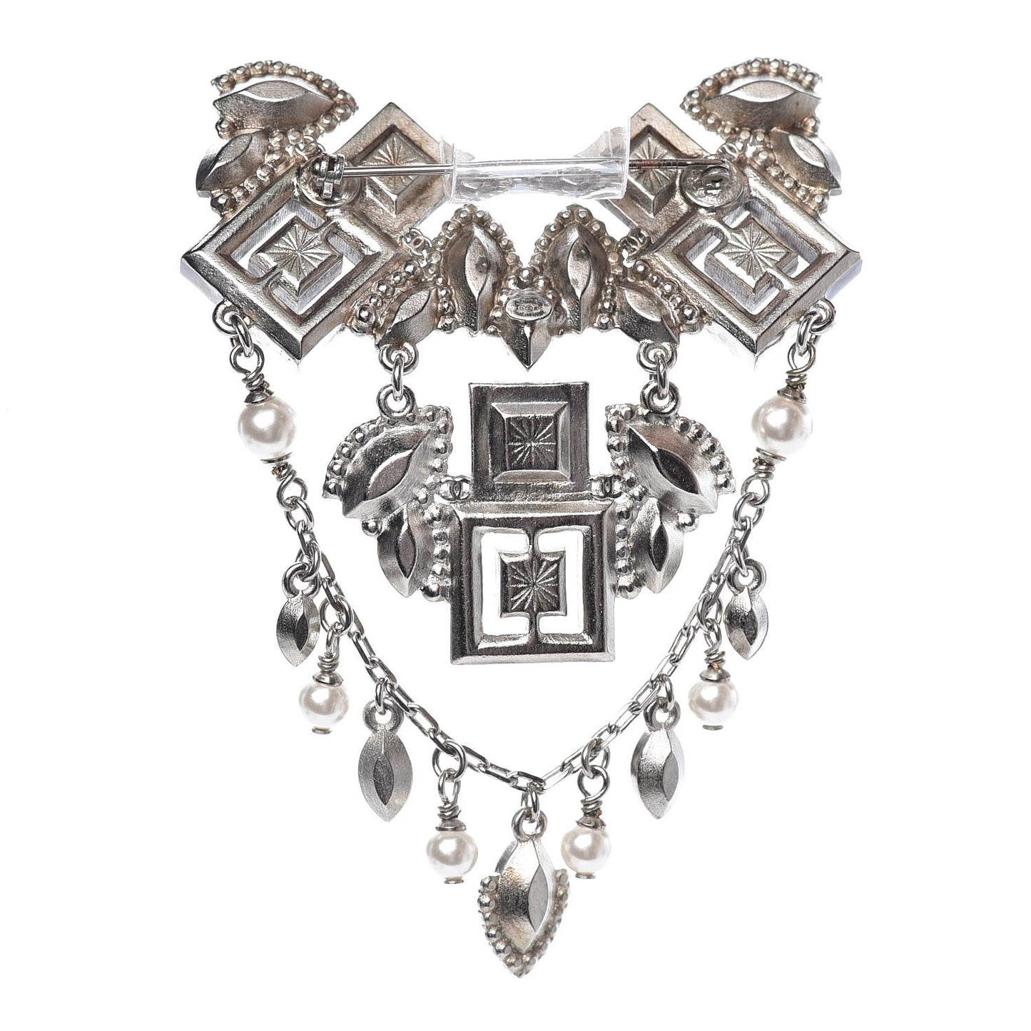 Baguette Crystal Pearl CC Brooch Silver Black