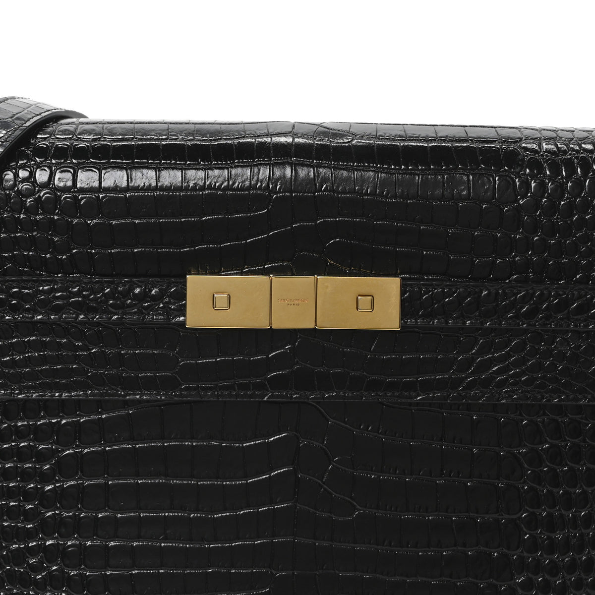 Saint Laurent Shiny Calfskin Crocodile Embossed Manhattan Baguette Black 8 of 10
