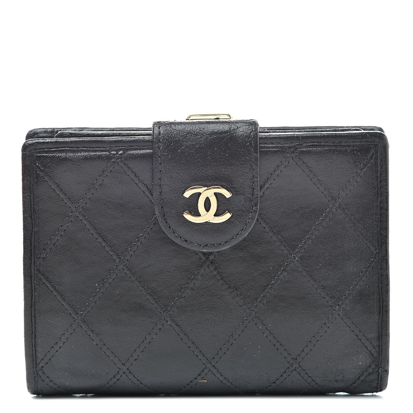 Lambskin Stitched Compact French Wallet Black