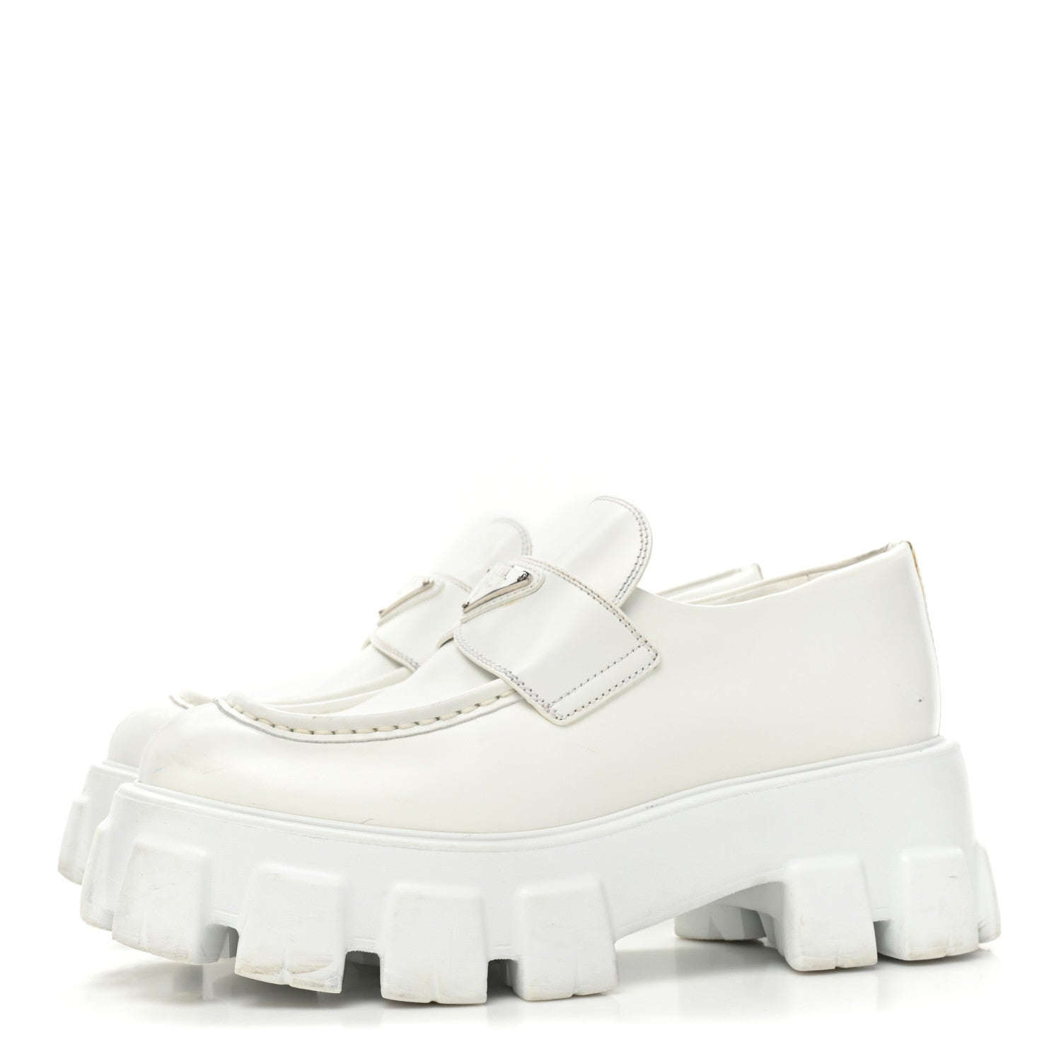 Prada Spazzolato Metal Triangle Logo Monolith Pointy 55mm Loafers 39 White 3 of 14