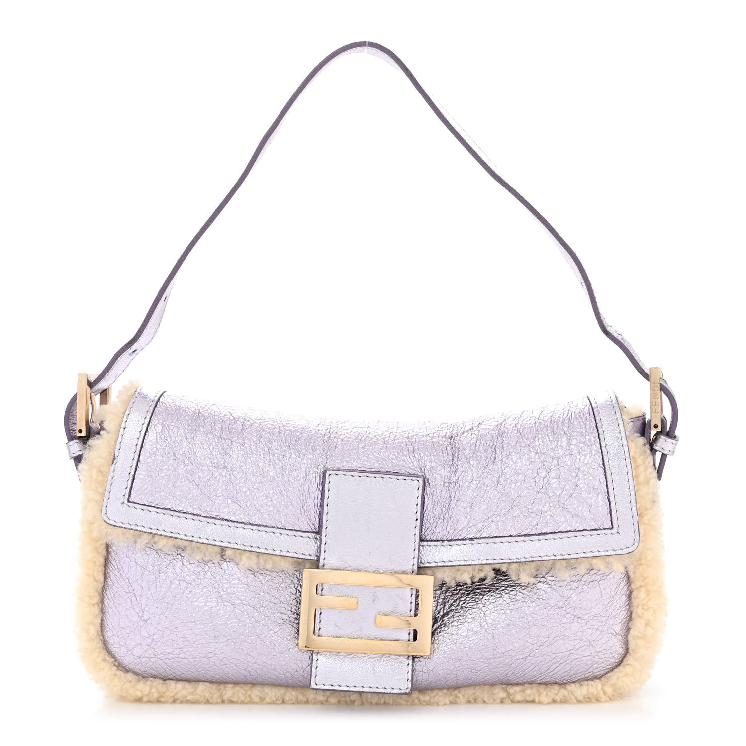 Fendi Metallic Laminated Lambskin Shearling Baguette Lilac Natural