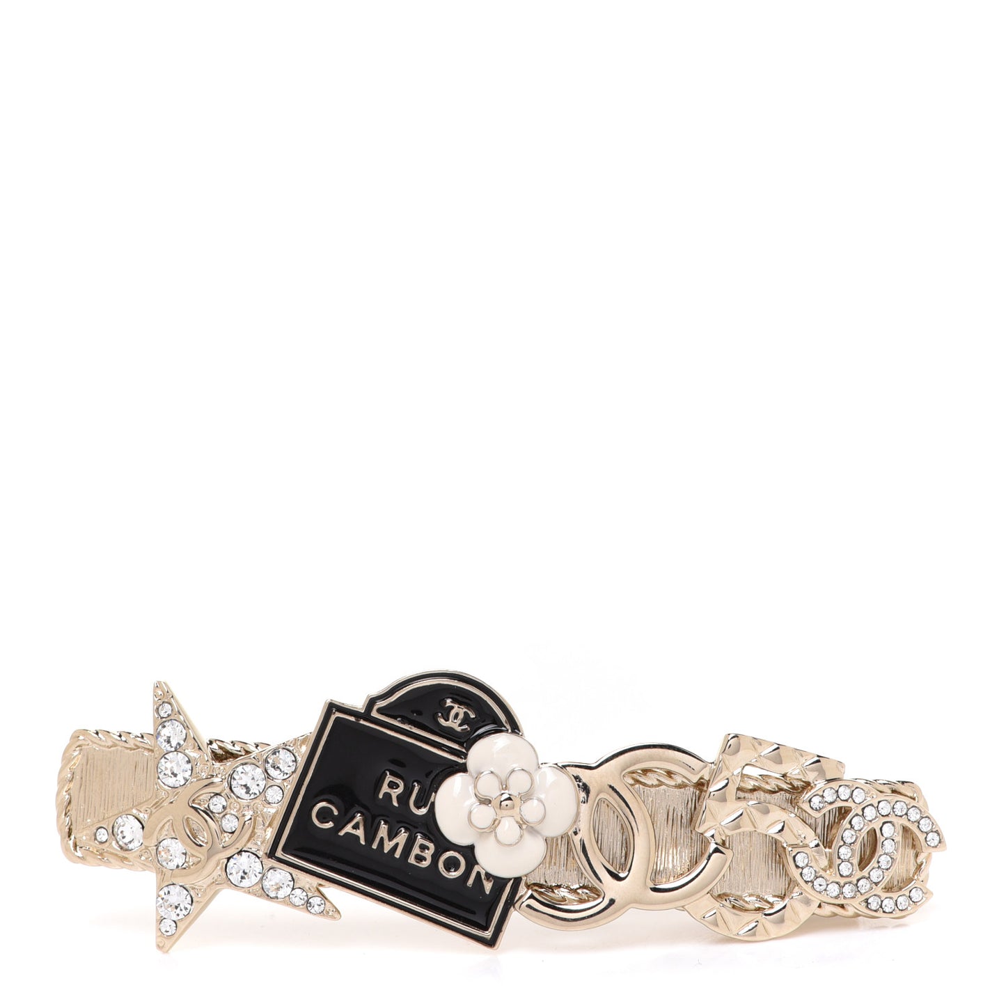 Metal Crystal CC Rue Cambon Hair Clip Gold Pearly White