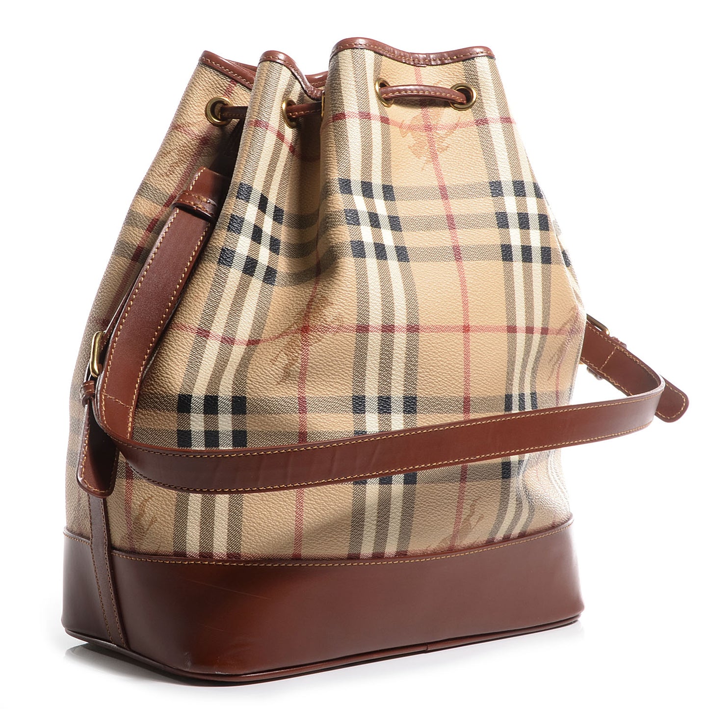 Haymarket Check Drawstring Bucket Bag Tan