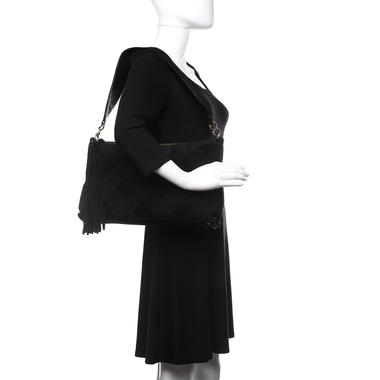 Chanel Suede Tassel Diamond Stitch CC Shoulder Bag Black 2 of 9