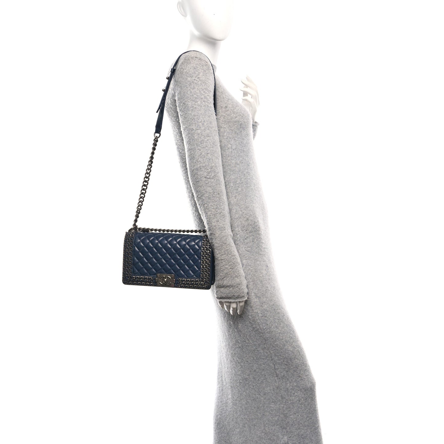 Glazed Calfskin Quilted Medium Boy Chained Flap Blue