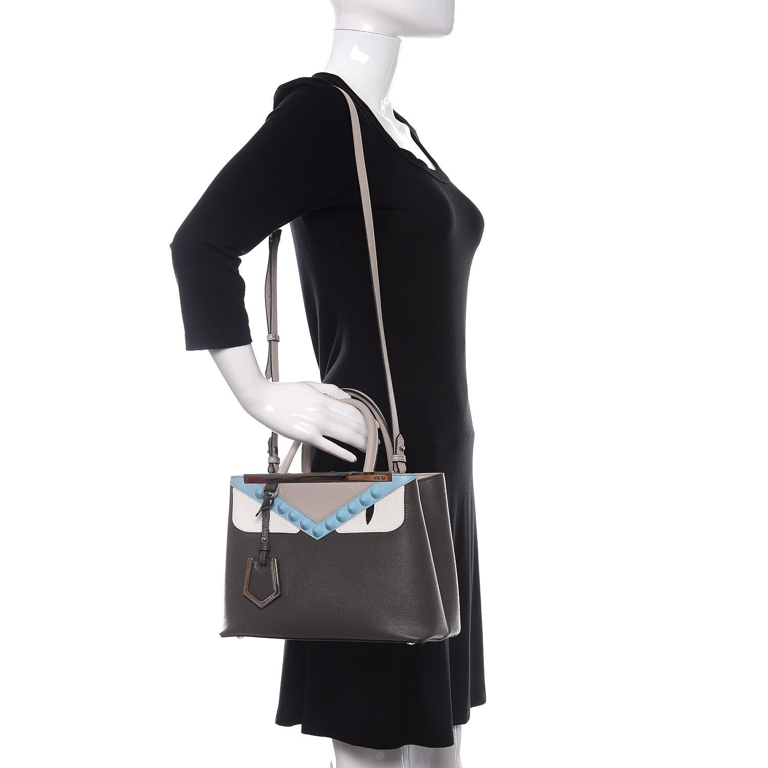 Fendi Vitello Elite Monster Eyes Studded Petite 2Jours Tote Carbone White Multicolor 2 of 10