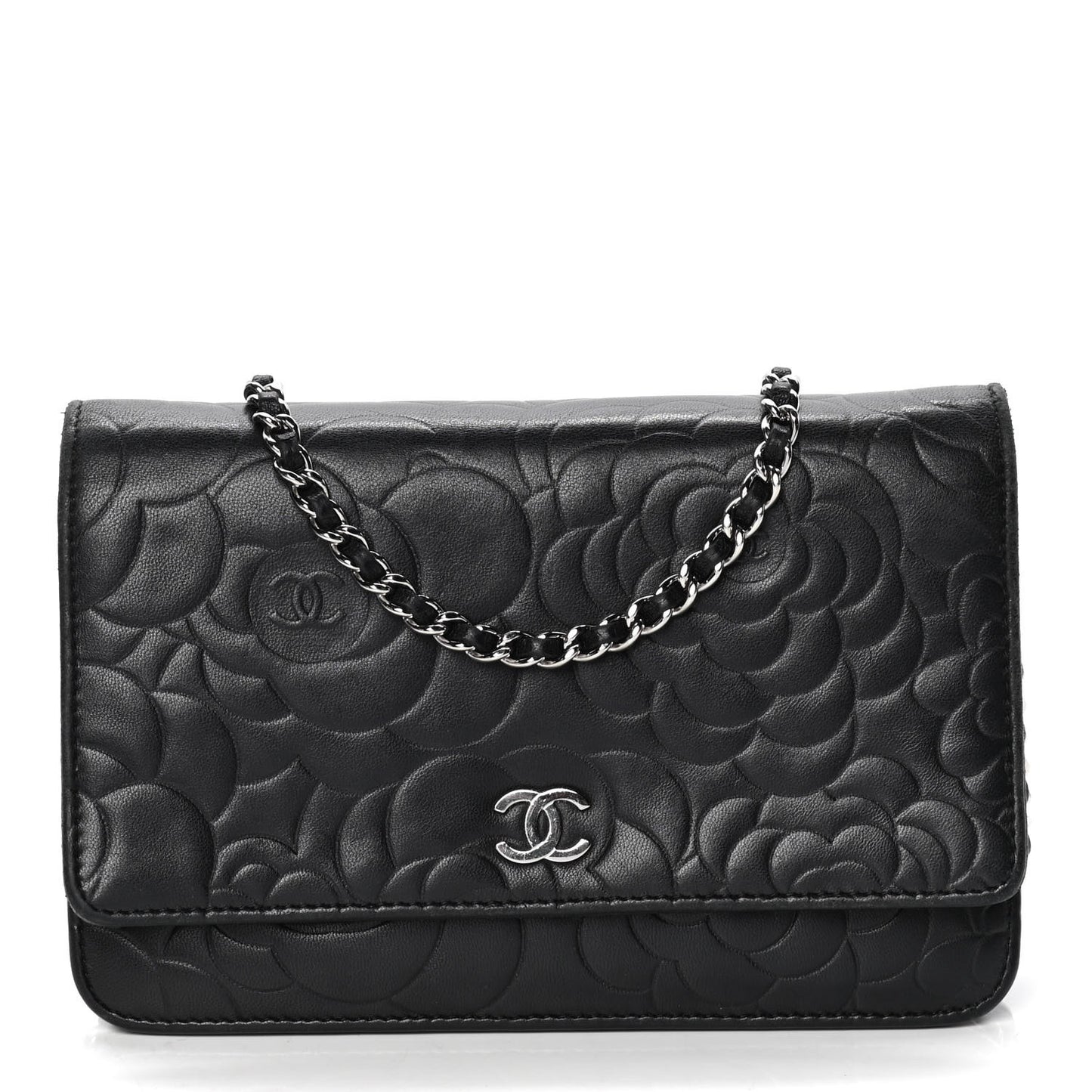 Lambskin Camellia Embossed Wallet on Chain WOC Black