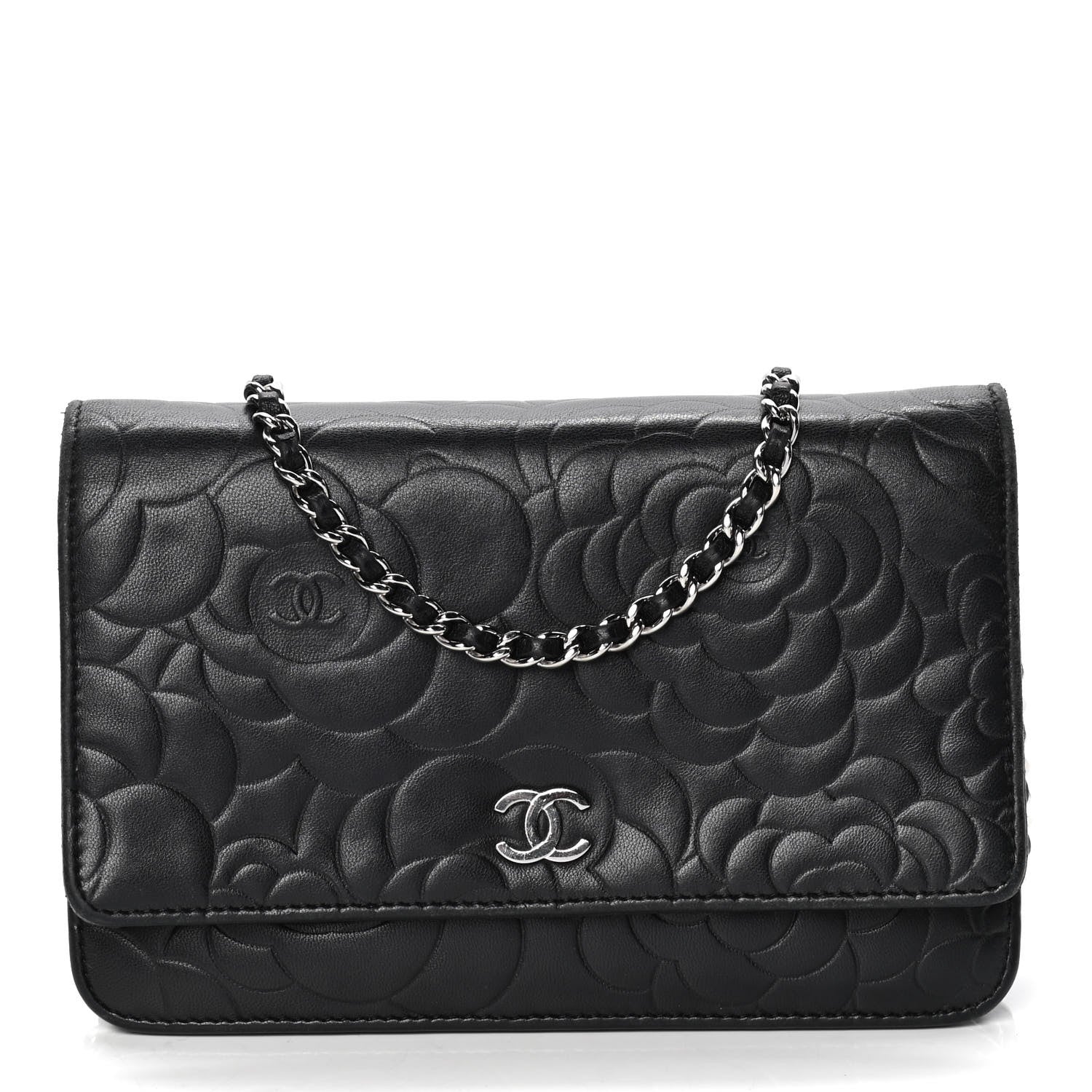 Chanel Lambskin Camellia Embossed Wallet on Chain WOC Black 1 of 10