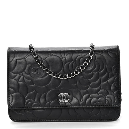 Chanel Lambskin Camellia Embossed Wallet on Chain WOC Black 1 of 10