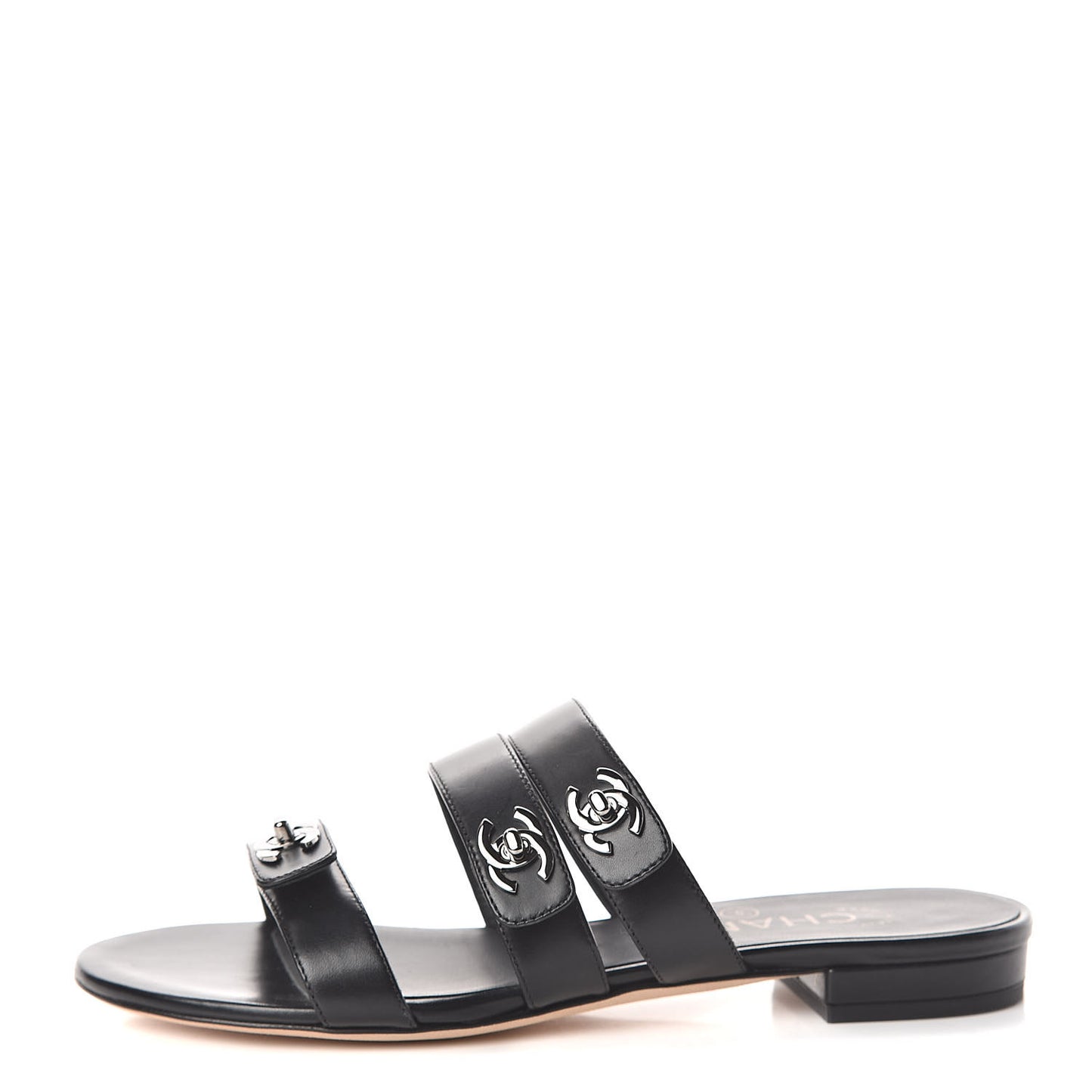 Calfskin CC Turnlock Mule Sandals 35.5 Black