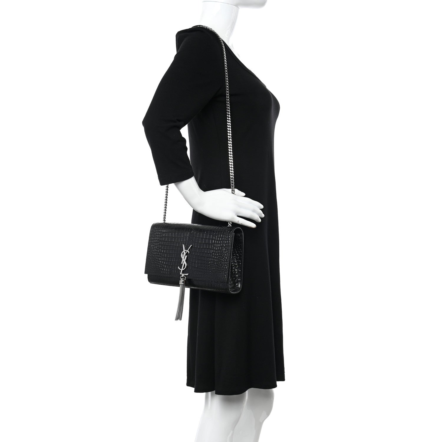 Saint Laurent Calfskin Crocodile Embossed Medium Classic Monogram Kate Tassel Satchel Black 2 of 10